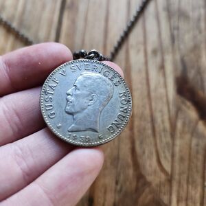 SWEDEN 2 KRONA 1939 SILVER King Gustav V SVERIGES KONUNG, Necklace Pendant